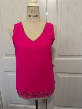 Naked Zebra Hot Pink V-Neck Tank with Pom Trim